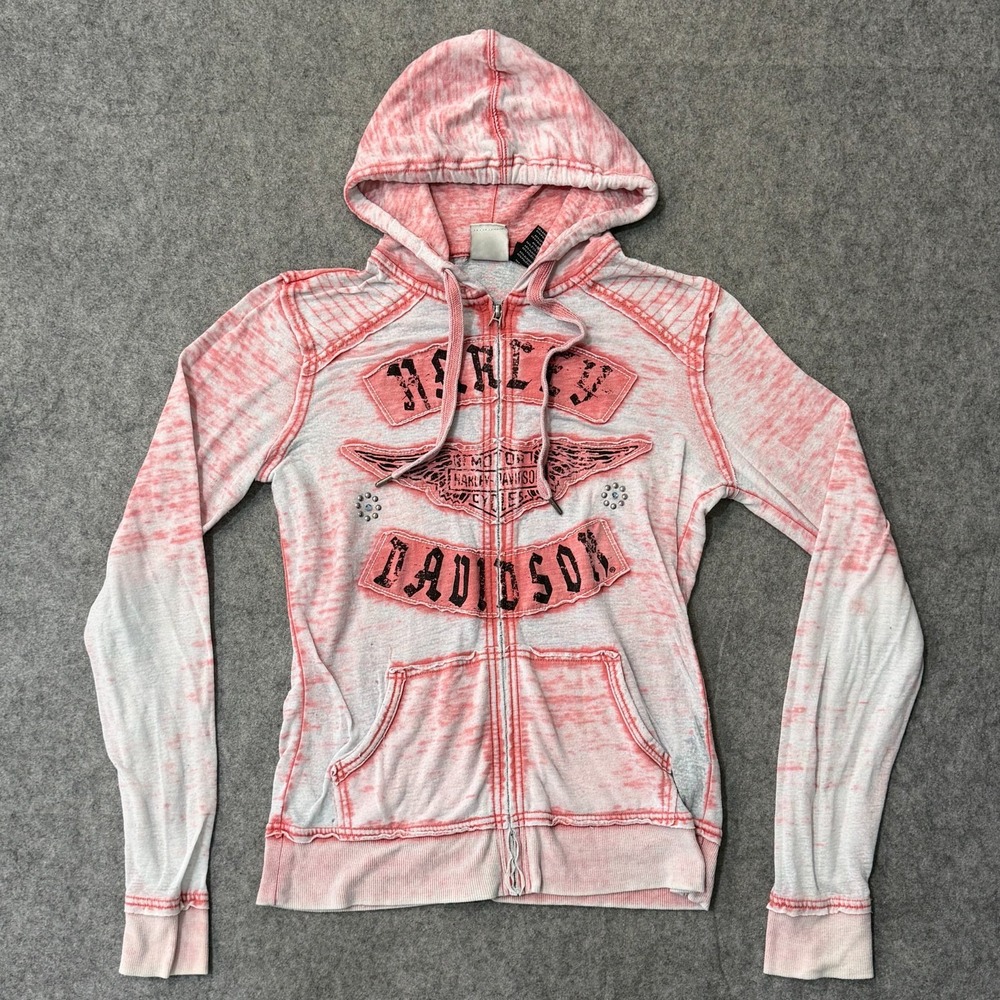 Harley-Davidson Vintage Y2k Distressed Full Zip-Up Hoodie Women's Size Medium